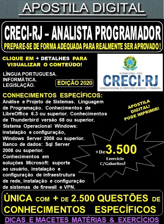 Apostila CRECI RJ - ANALISTA PROGRAMADOR - Teoria + 3.500 Exercícios - Concurso 2020