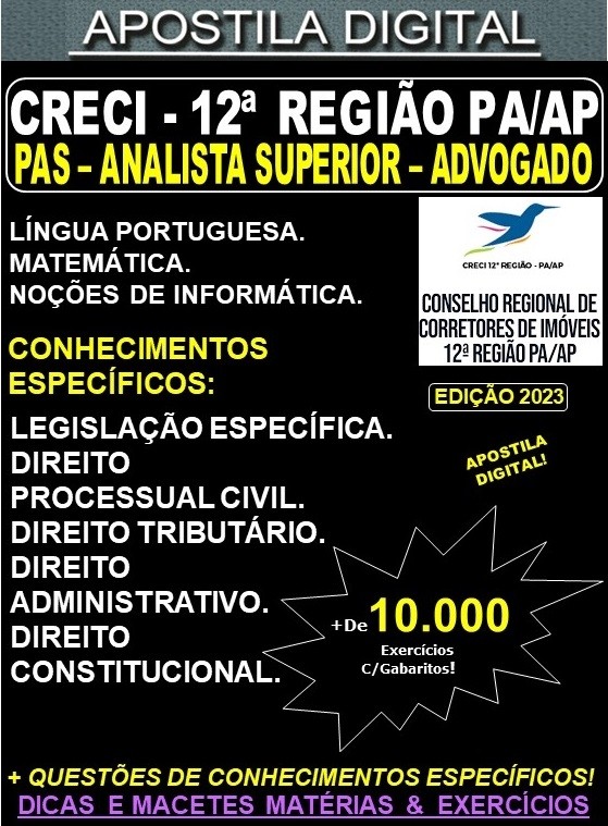 Apostila CRECI 12ª REGIÃO PA/AP - Profissional Analista Superior - ADVOGADO - Teoria + 10.000 Exercícios - Concurso 2023