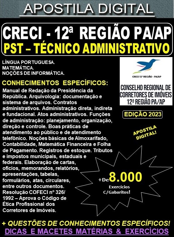 Apostila CRECI 12ª REGIÃO PA/AP - Profissional de Suporte Técnico - TÉCNICO ADMINISTRATIVO - Teoria + 8.000 Exercícios - Concurso 2023