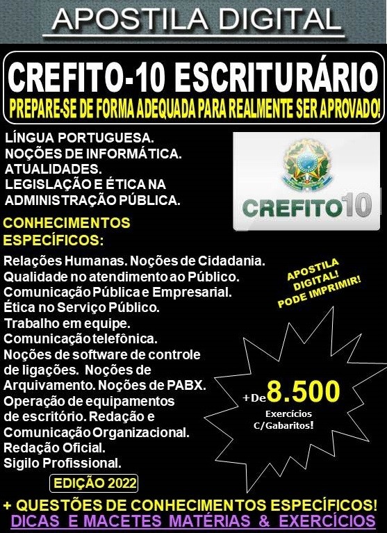 Apostila CREFITO 10 - ESCRITURÁRIO  - Teoria +  8.500 Exercícios - Concurso 2022