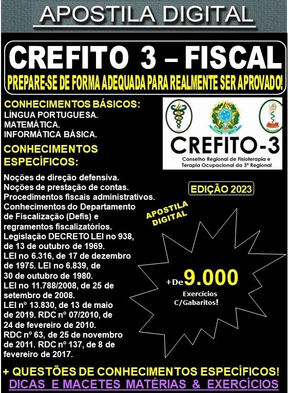 Apostila CREFITO-3 - FISCAL - Teoria + 9.000 exercícios - Concurso 2023