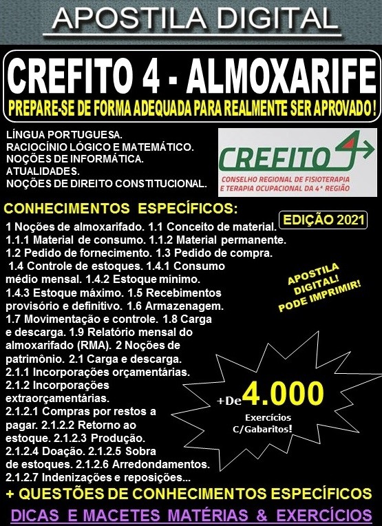 Apostila CREFITO 4 - ALMOXARIFE - Teoria +  4.000 Exercícios - Concurso 2021