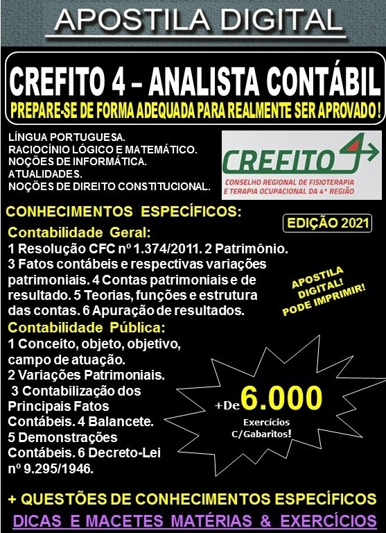 Apostila CREFITO 4 - ANALISTA CONTÁBIL - Teoria +  6.000 Exercícios - Concurso 2021