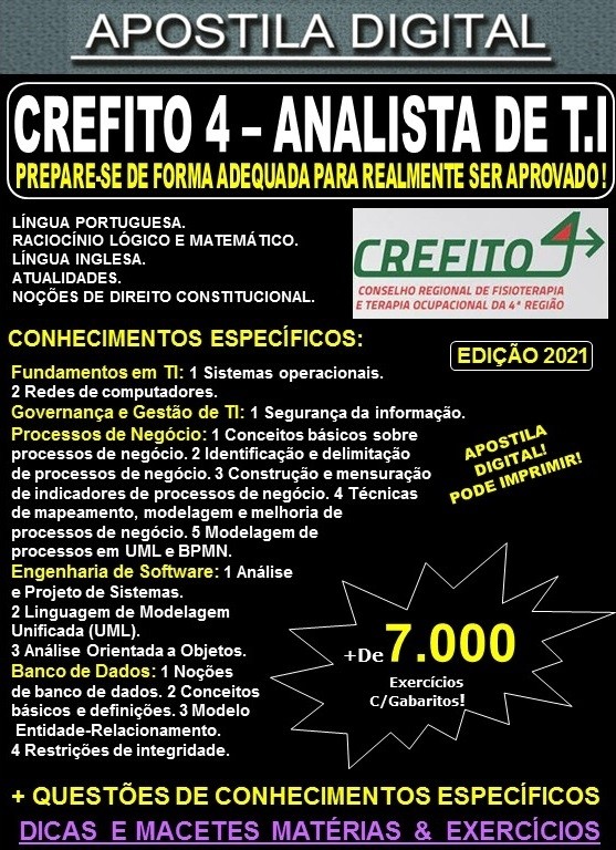 Apostila CREFITO 4 - ANALISTA de TECNOLOGIA da INFORMAÇÃO - Teoria +  7.000 Exercícios - Concurso 2021