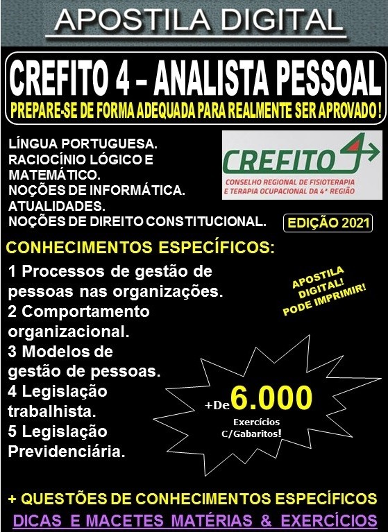 Apostila CREFITO 4 - ANALISTA de PESSOAL - Teoria +  6.000 Exercícios - Concurso 2021