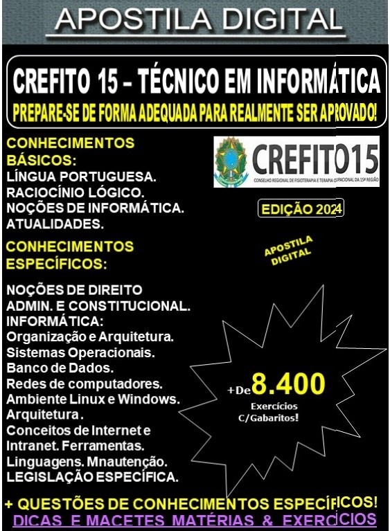 Apostila  CREFITO-15 - TÉCNICO em INFORMÁTICA - Teoria + 8.400 Exercícios - Concurso 2024