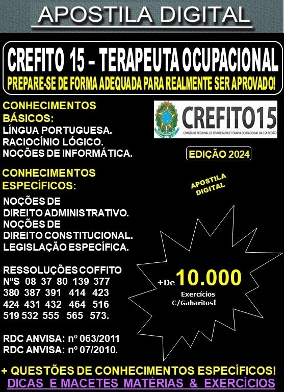 Apostila  CREFITO-15 - TERAPEUTA OCUPACIONAL - Teoria + 10.000 Exercícios - Concurso 2024