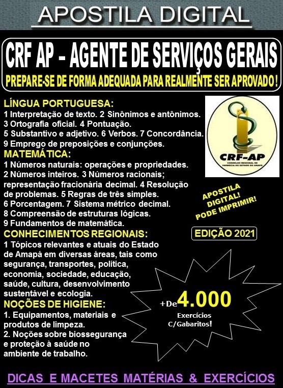 Apostila CRF AP - AGENTE de SERVIÇOS GERAIS - Teoria +  4.000 Exercícios - Concurso 2021