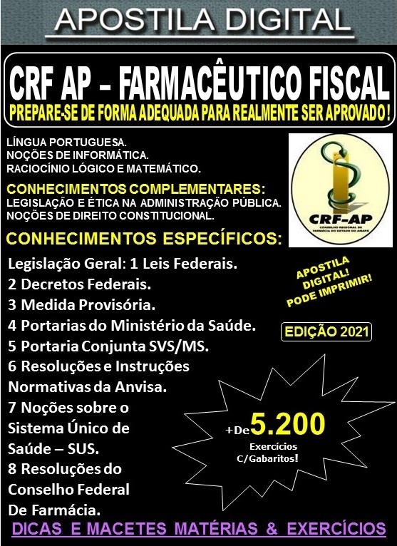 Apostila CRF AP - FARMACÊUTICO FISCAL - Teoria + 5.200 Exercícios - Concurso 2021