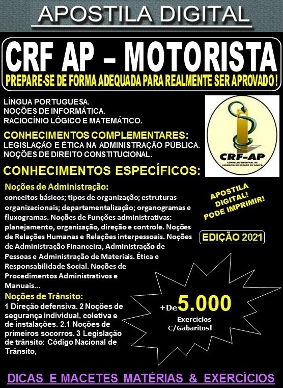 Apostila CRF AP - MOTORISTA - Teoria +  5.000 Exercícios - Concurso 2021