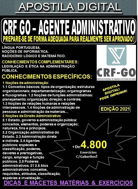 Apostila CRF GO - AGENTE ADMINISTRATIVO - Teoria +4.800 Exercícios - Concurso 2021