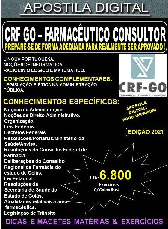 Apostila CRF GO - FARMACÊUTICO CONSULTOR  - Teoria +6.800 Exercícios - Concurso 2021