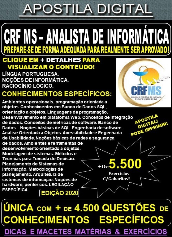 Apostila CRF MS - ANALISTA de INFORMÁTICA - Teoria + 5.500 Exercícios - Concurso 2020 