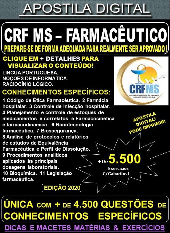 Apostila CRF MS - FARMACÊUTICO - Teoria + 5.500 Exercícios - Concurso 2020