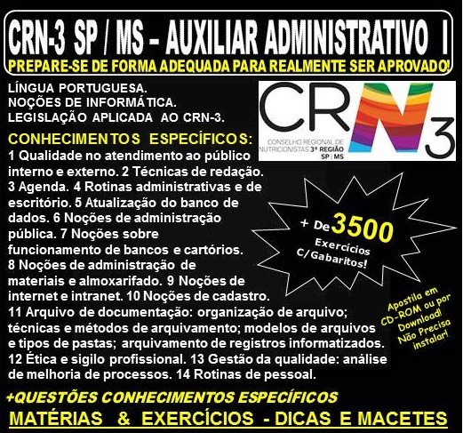 Apostila CRN 3ª Região SP / MS - AUXILIAR ADMINISTRATIVO I - Teoria + 3.500 Exercícios - Concurso 2019