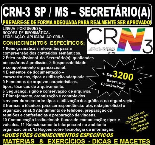 Apostila CRN 3ª Região SP / MS - SECRETÁRIO(A) - Teoria + 3.200 Exercícios - Concurso 2019