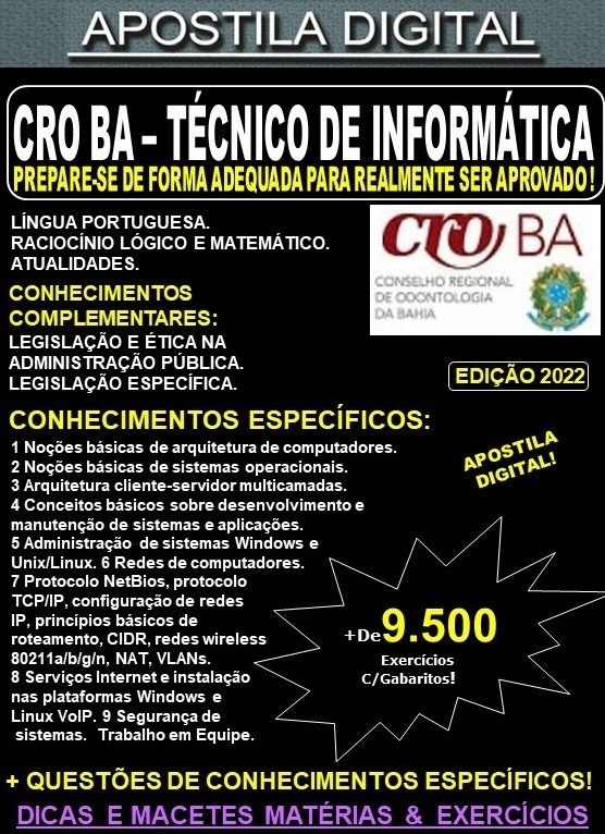 Apostila CRO BA - TÉCNICO de INFORMÁTICA - Teoria + 9.500 Exercícios - Concurso 2022