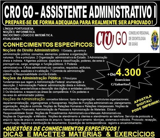 Apostila CRO GO - ASSISTENTE ADMINISTRATIVO I - Teoria + 4.300 Exercícios - Concurso 2019