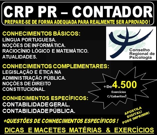 Apostila CRP PR - CONTADOR - Teoria + 4.500 Exercícios - Concurso 2019