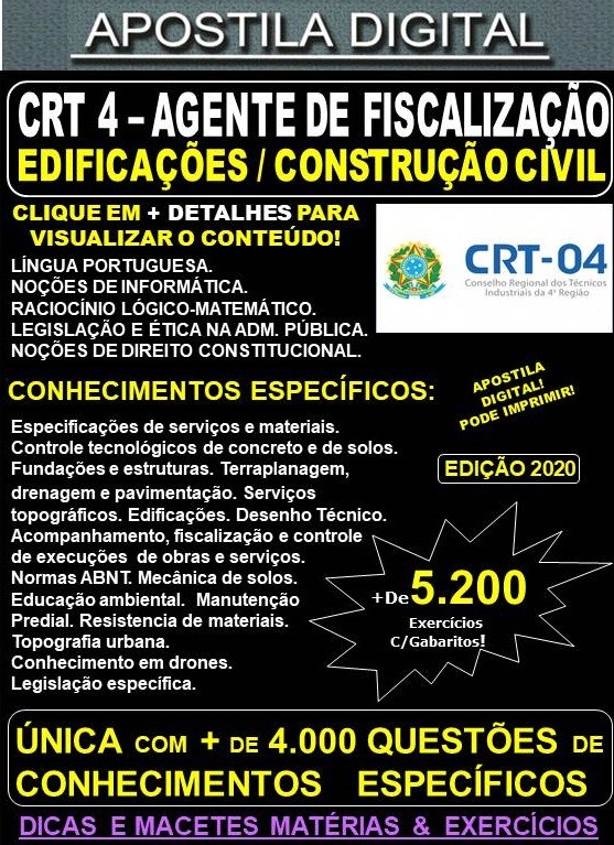 Apostila CRT-04 Agente de Fiscalização EDIFICAÇÕES/CONSTRUÇÃO CIVIL - Teoria + 5.200 Exercícios - Concurso 2020