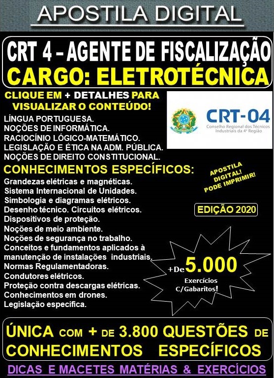 Apostila CRT-04 Agente de Fiscalização ELETROTÉCNICA - Teoria + 5.000 Exercícios - Concurso 2020
