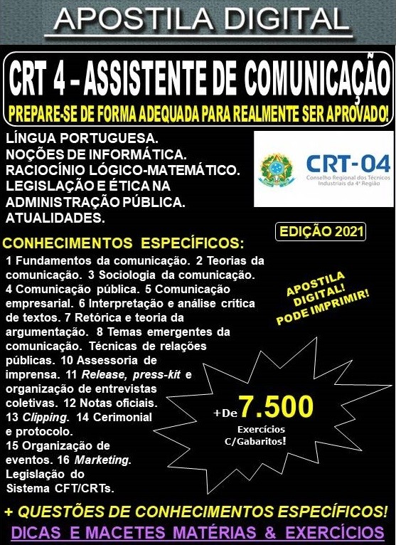 Apostila CRT 4 - ASSISTENTE DE COMUNICAÇÃO - Teoria + 7.500 Exercícios - Concurso 2021
