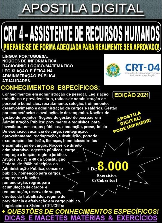 Apostila CRT 4 - ASSISTENTE de RECURSOS HUMANOS - Teoria + 8.000 Exercícios - Concurso 2021
