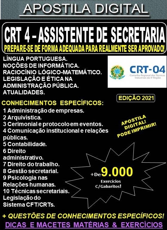 Apostila CRT 4 - ASSISTENTE DE SECRETARIA - Teoria + 9.000 Exercícios - Concurso 2021