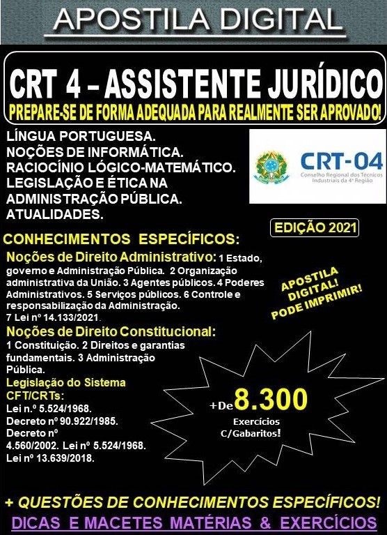 Apostila CRT 4 - ASSISTENTE JURÍDICO - Teoria + 8.300 Exercícios - Concurso 2021