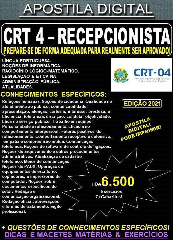 Apostila CRT 4 - RECEPCIONISTA - Teoria + 6.500 Exercícios - Concurso 2021