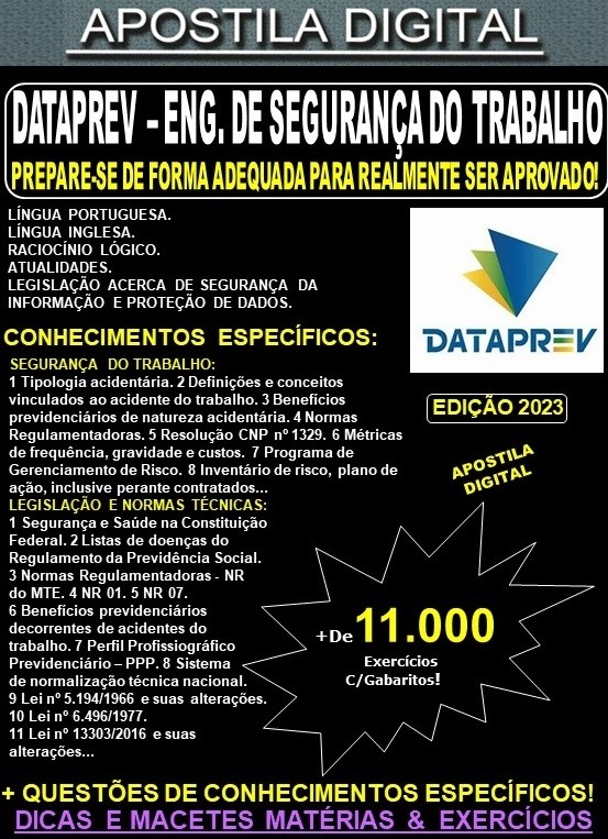 Apostila DATAPREV - ENGENHARIA de SEGURANÇA do TRABALHO - Teoria + 11.000 Exercícios - Concurso 2023