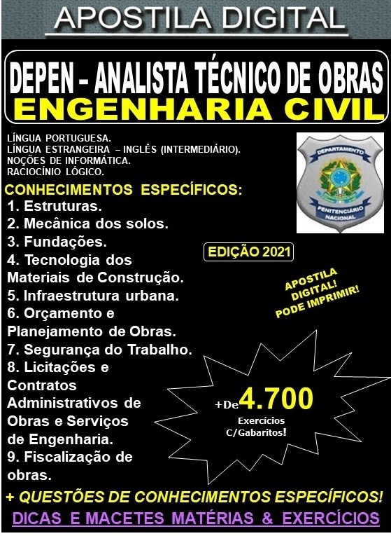 Apostila DEPEN Analista Técnico de Obras - ENGENHARIA CIVIL  - Teoria + 4.700 Exercícios - Concurso 2021