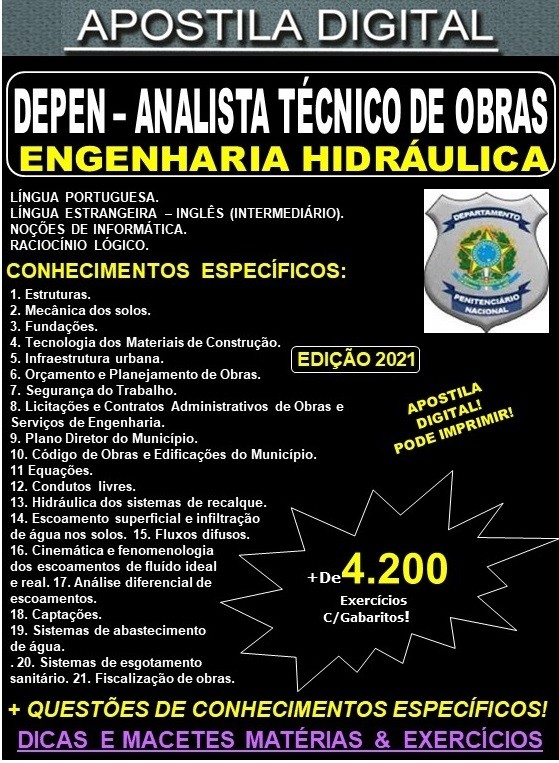 Apostila DEPEN Analista Técnico de Obras - ENGENHARIA HIDRÁULICA  - Teoria + 4.200 Exercícios - Concurso 2021