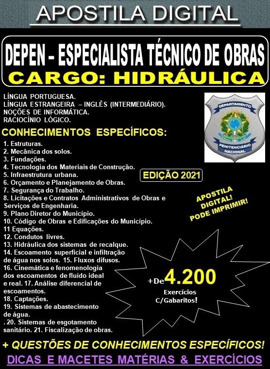 Apostila DEPEN Especialista Técnico de Obras - HIDRÁULICA  - Teoria + 4.200 Exercícios - Concurso 2021