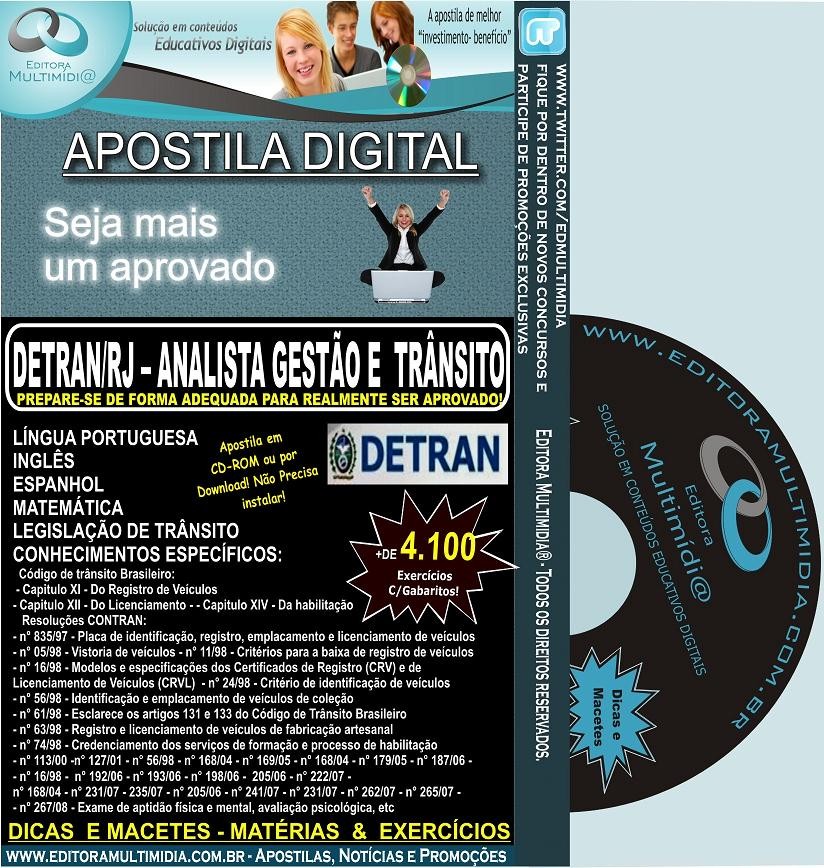 Apostila DETRAN RJ - Analista Gestão e Trânsito - Teoria + 4.100 Exercícios - Concurso 2012