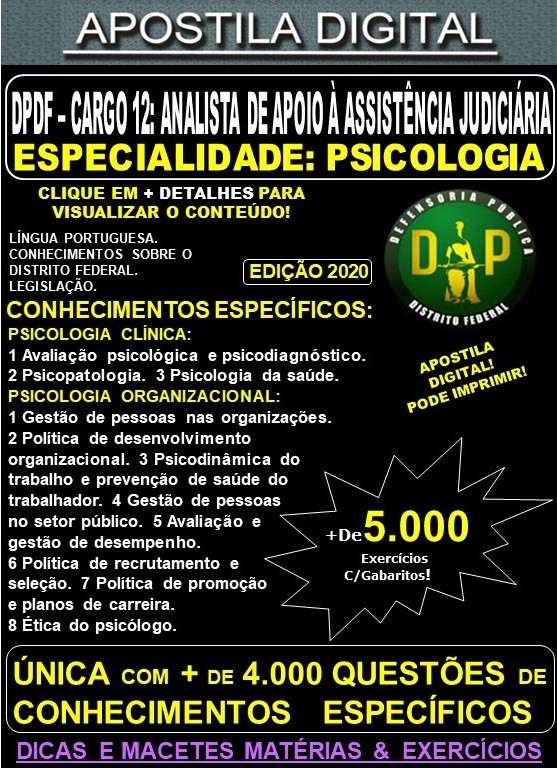 Apostila DP DF - Cargo 12: Analista de Apoio à Assistência Judiciária -  Especialidade: PSICOLOGIA - Teoria + 5.000 Exercícios - Concurso 2020