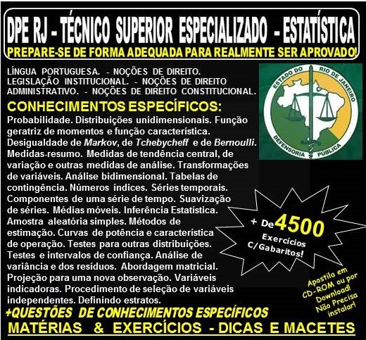 Apostila DPE RJ - TÉCNICO SUPERIOR ESPECIALIZADO - ESTATÍSTICA - Teoria + 4.500 Exercícios - Concurso 2019