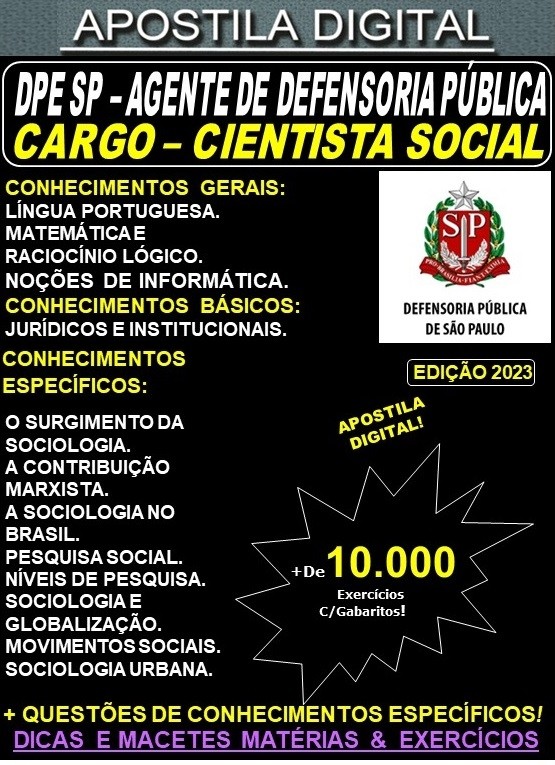 Apostila DPE SP - AGENTE de DEFENSORIA - CIENTISTA SOCIAL - Teoria + 10.000 Exercícios - Concurso 2023