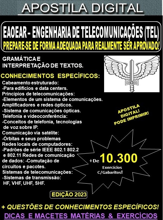 Apostila EAOEAR - ENGENHARIA de TELECOMUNICAÇÕES (TEL)  - Teoria + 10.300 Exercícios - Concurso 2023-24