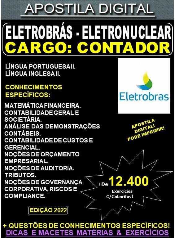 Apostila ELETROBRAS -  CONTADOR - Teoria + 12.400 Exercícios - Concurso 2022