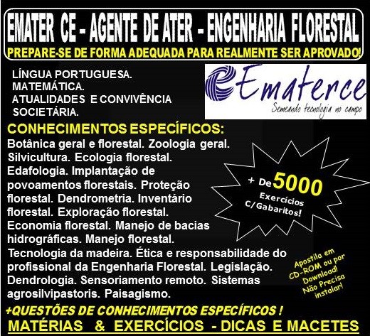 Apostila EMATER CE - AGENTE de ATER - ENGENHARIA FLORESTAL - Teoria + 5.000 Exercícios - Concurso 2018