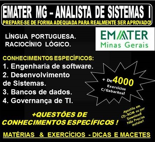 Apostila EMATER MG - ANALISTA de SISTEMAS I - Teoria + 4.000 Exercícios - Concurso 2018