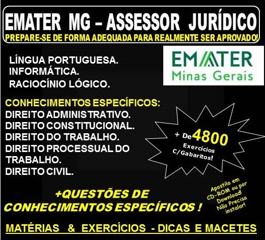Apostila EMATER MG - ASSESSOR JURÍDICO - Teoria + 4.800 Exercícios - Concurso 2018
