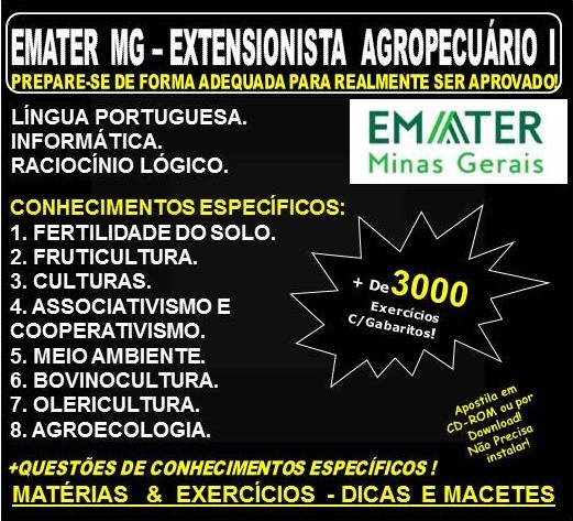 Apostila EMATER MG - EXTENSIONISTA AGROPECUÁRIO I - Teoria + 3.000 Exercícios - Concurso 2018