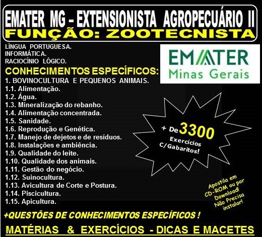 Apostila EMATER MG - EXTENSIONISTA AGROPECUÁRIO II - Função: ZOOTECNISTA - Teoria + 3.300 Exercícios - Concurso 2018