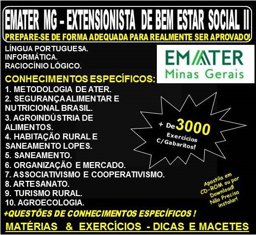 Apostila EMATER MG - EXTENSIONISTA de BEM ESTAR SOCIAL II - Teoria + 3.000 Exercícios - Concurso 2018