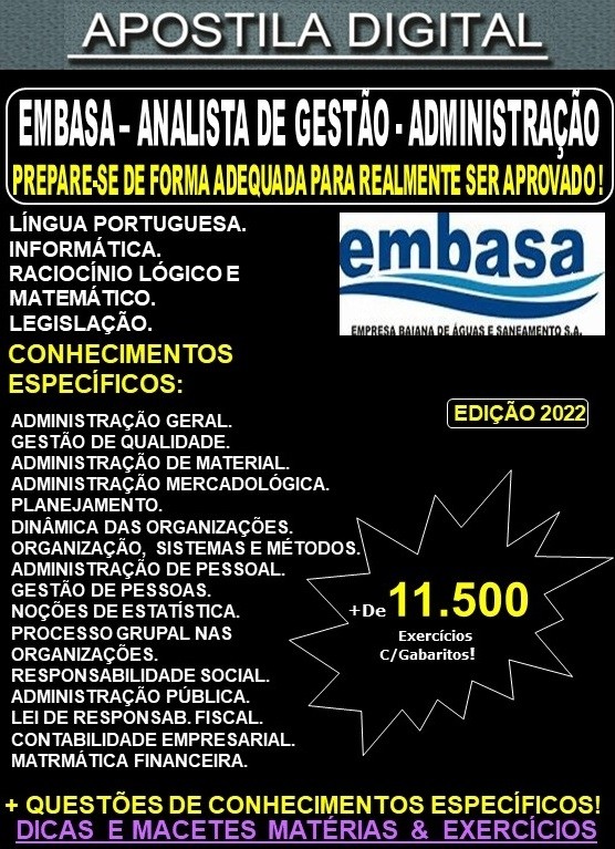 Apostila EMBASA - ANALISTA de GESTÃO - ADMINISTRAÇÃO - Teoria + 11.500 Exercícios - Concurso 2022