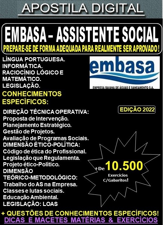 Apostila EMBASA - ASSISTENTE SOCIAL - Teoria + 10.500 Exercícios - Concurso 2022