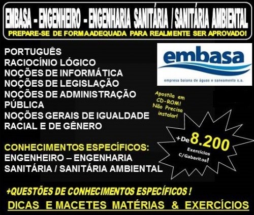Apostila EMBASA - ENGENHEIRO - ENGENHARIA SANITÁRIA / SANITÁRIA AMBIENTAL - Teoria + 8.200 Exercícios - Concurso 2022