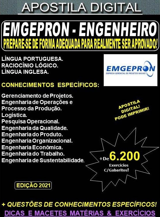 Apostila EMGEPRON - ENGENHEIRO (Planejamento e Controle) - Teoria + 6.200 Exercícios - Concurso 2021